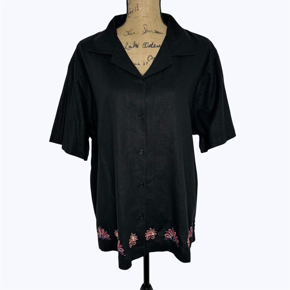 Kim Rogers Linen Blend Shirt Black Beaded Floral Embroidered Button‎ Up Sz 1X